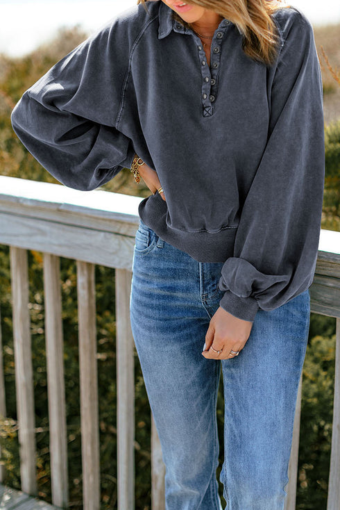 Lantern Sleeve Snap Button Placket Washed Pullover Casual Round Neck Sweatshirt